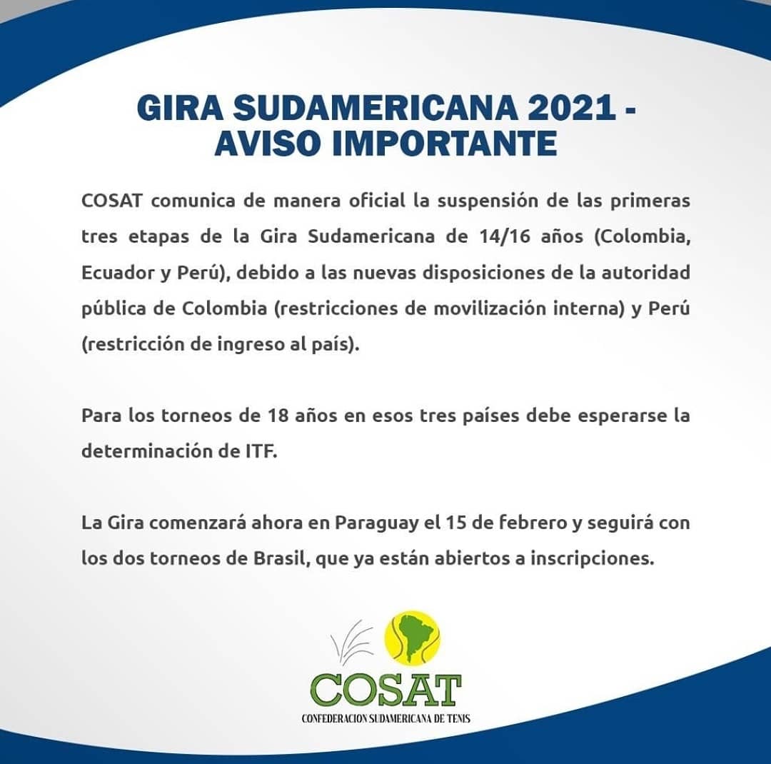 Cosat suspende los 3 primeros torneos de la gira 2021